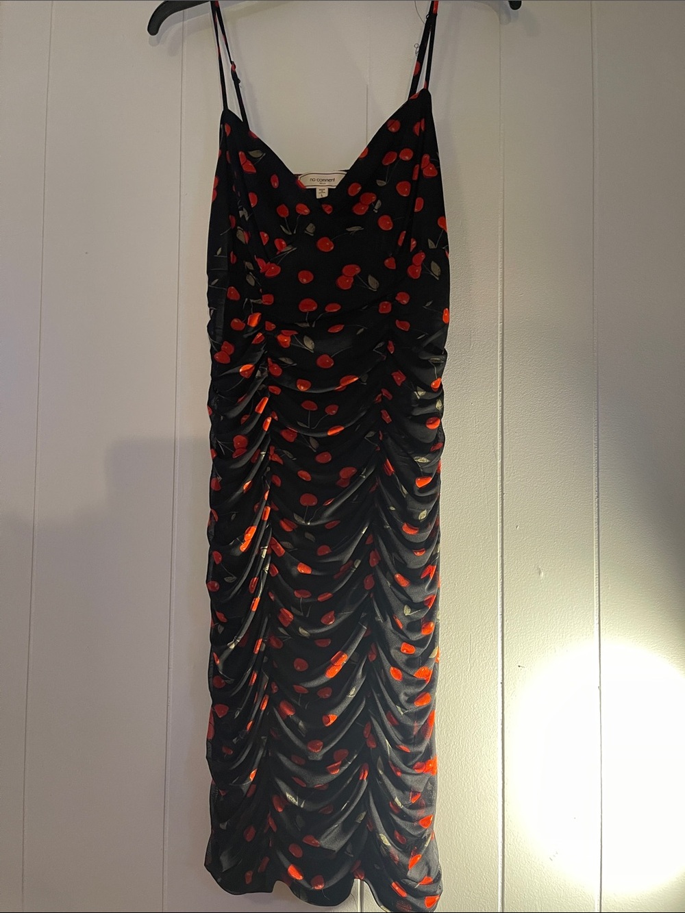 Black Cherry-Print Ruched Midi Slip Dress